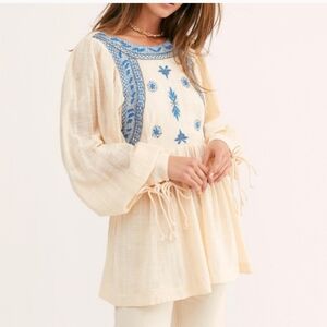 Free People Bali Birdie Embroidered Beaded Peasants Top Crinkled Blouse M